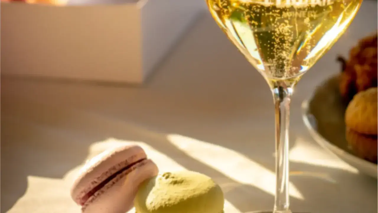 Un bicchiere di spumante frizzante, due macarons colorati e una scatola bianca. Un perfetto abbinamento cibo vino per un momento di dolcezza.
