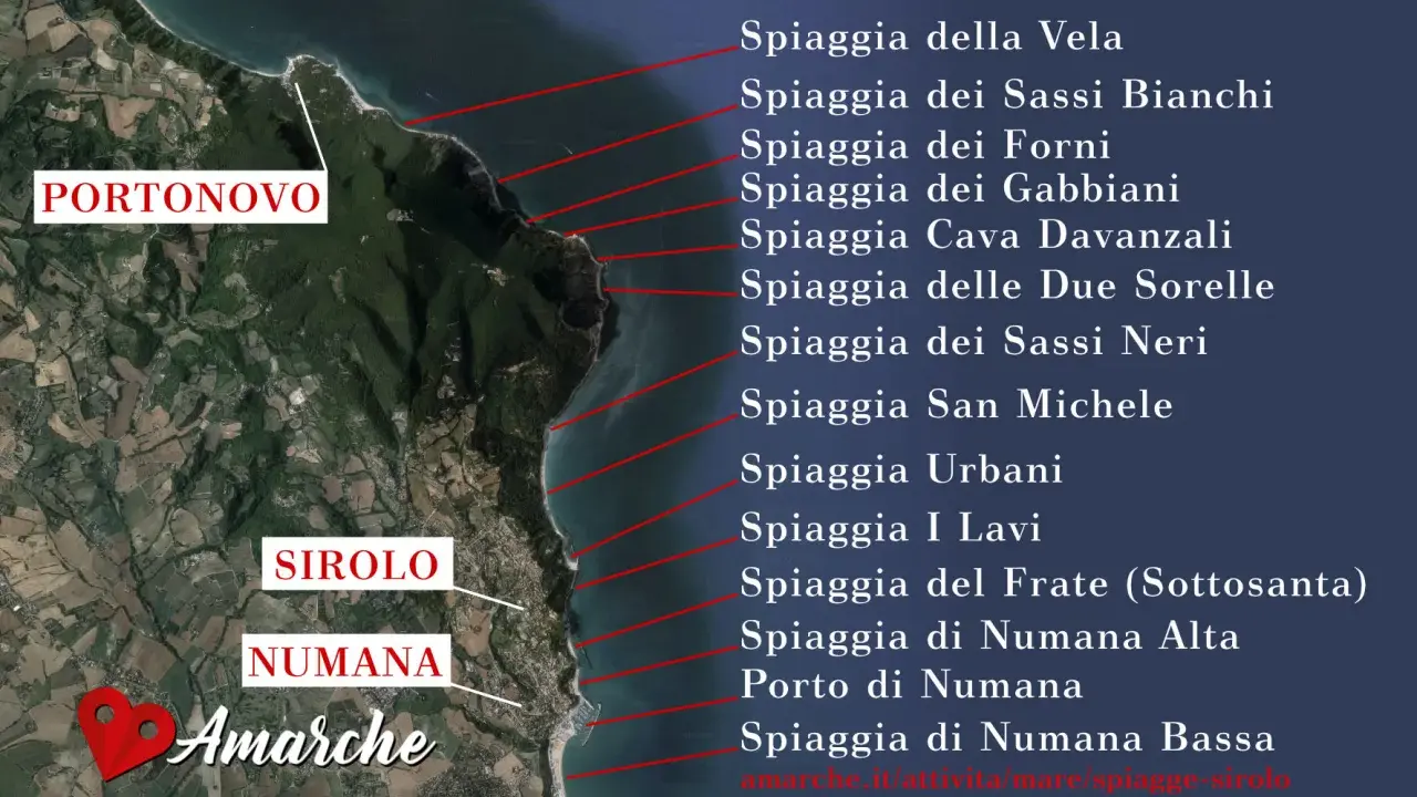 Mappa satellitare che mostra dove si trova il Conero, con le spiagge di Portonovo, Sirolo e Numana.