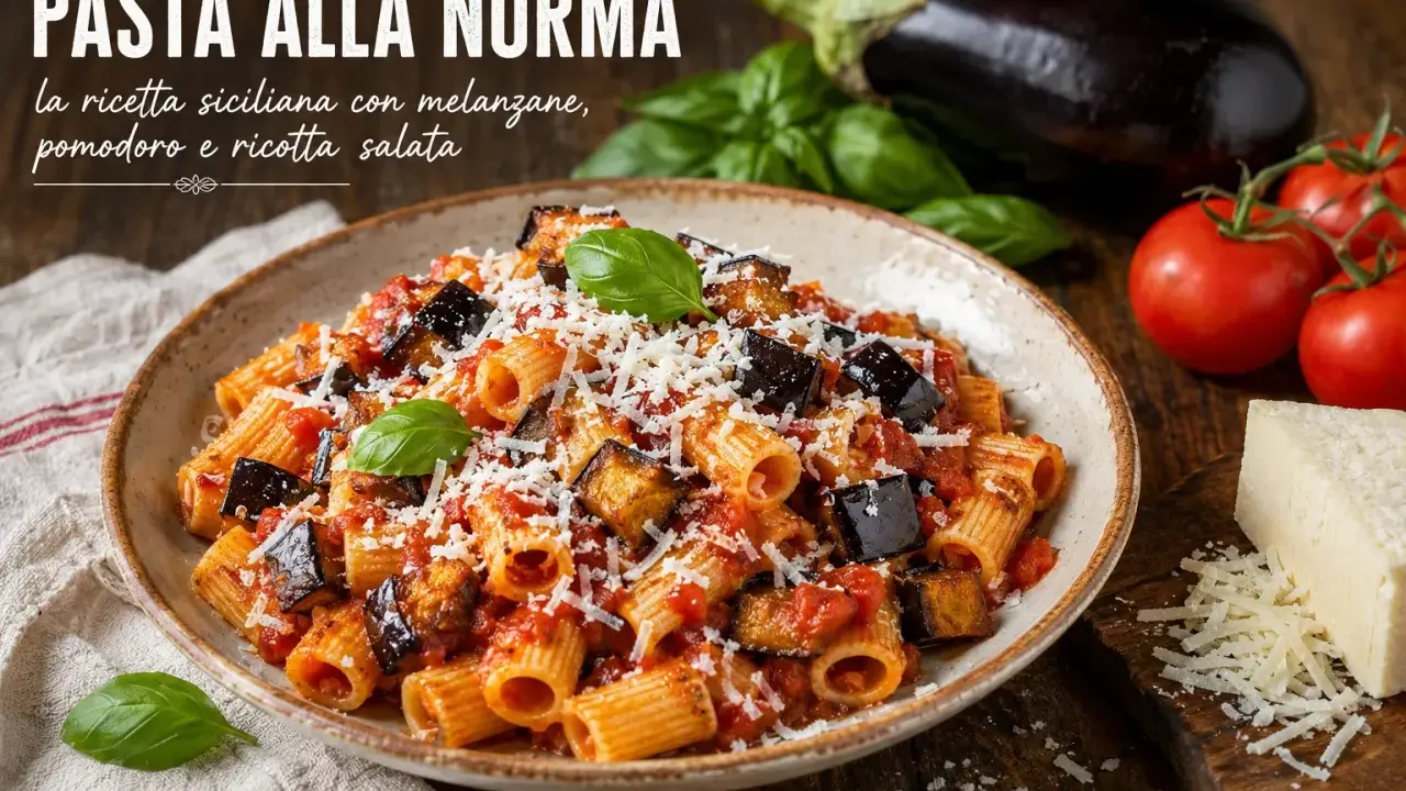 Piatto di pasta con sugo alla norma, ricco di melanzane fritte, pomodoro e ricotta salata grattugiata, guarnito con basilico fresco.