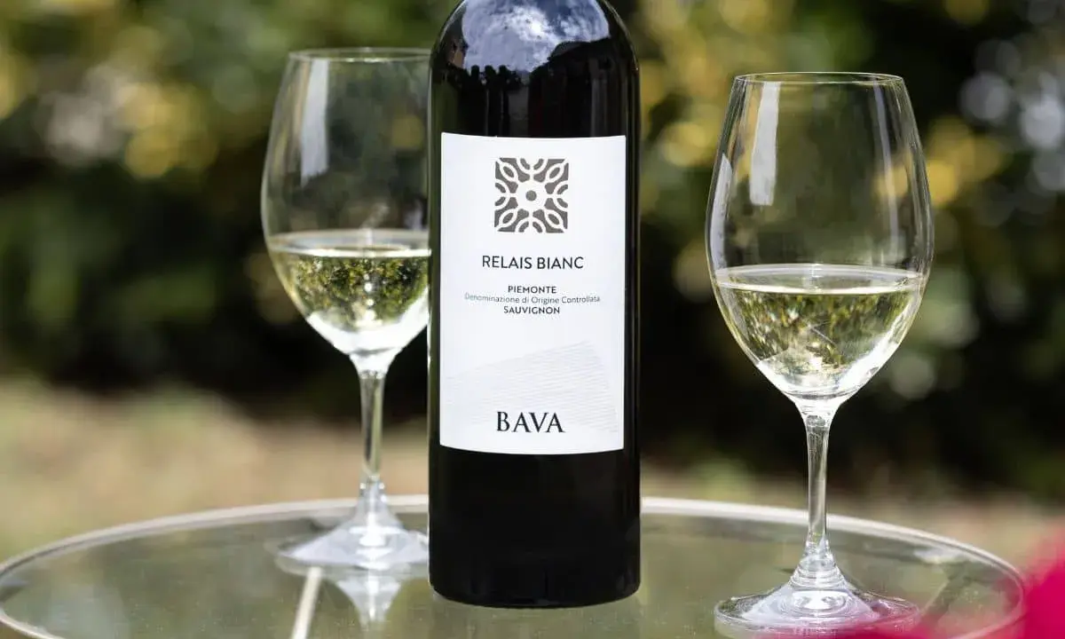 BOTTIGLIA E DUE CALICI DI VINO BIANCO, un Sauvignon Blanc del Piemonte, su un tavolino di vetro all'aperto.