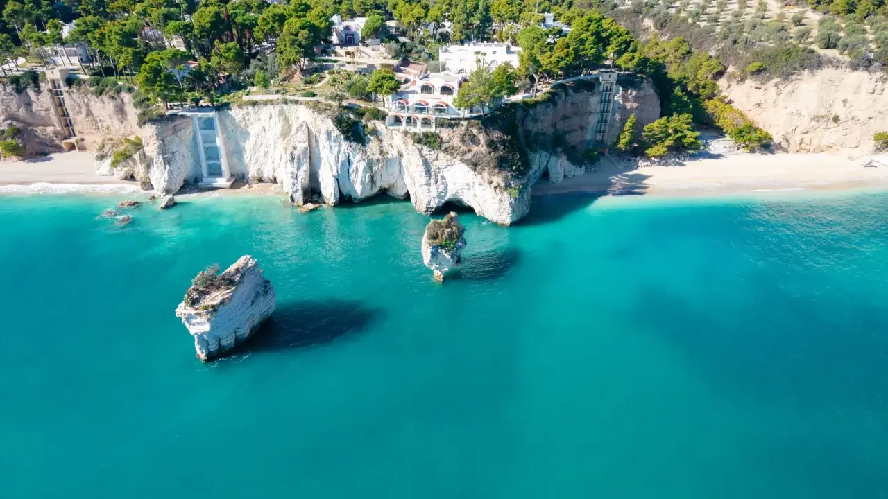 Scogliere bianche a picco sul mare turchese, con rocce isolate e vegetazione lussureggiante. Sembra la spiaggia più bella della Puglia.