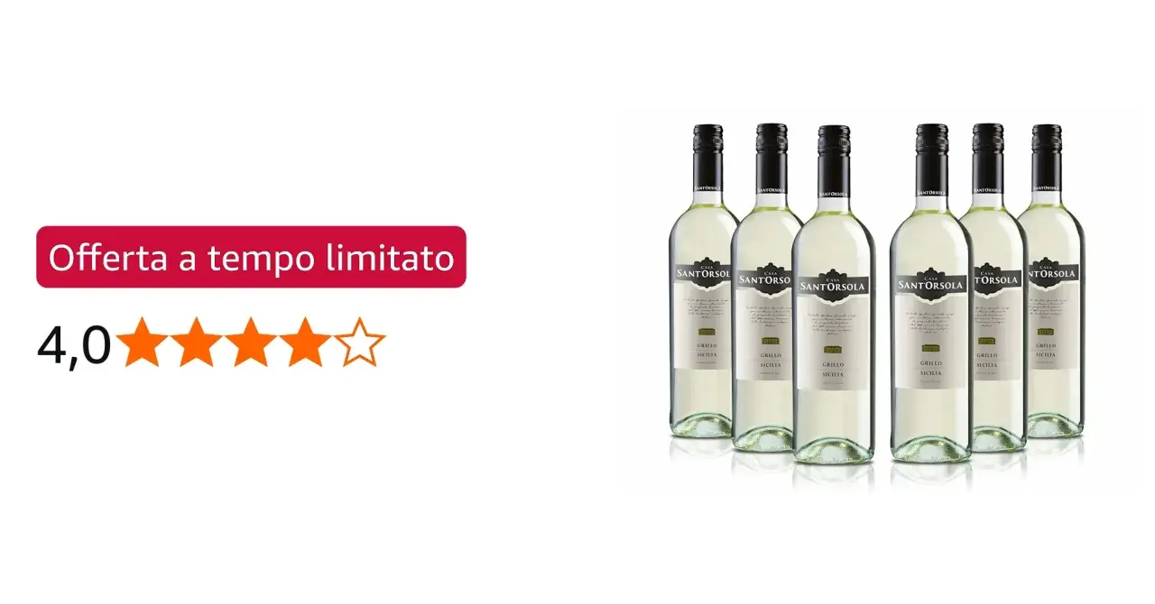 Cinque bottiglie di vino bianco Grillo di Sicilia, con etichetta "Casa Santorsola". Offerta a tempo limitato, valutazione 4 stelle.