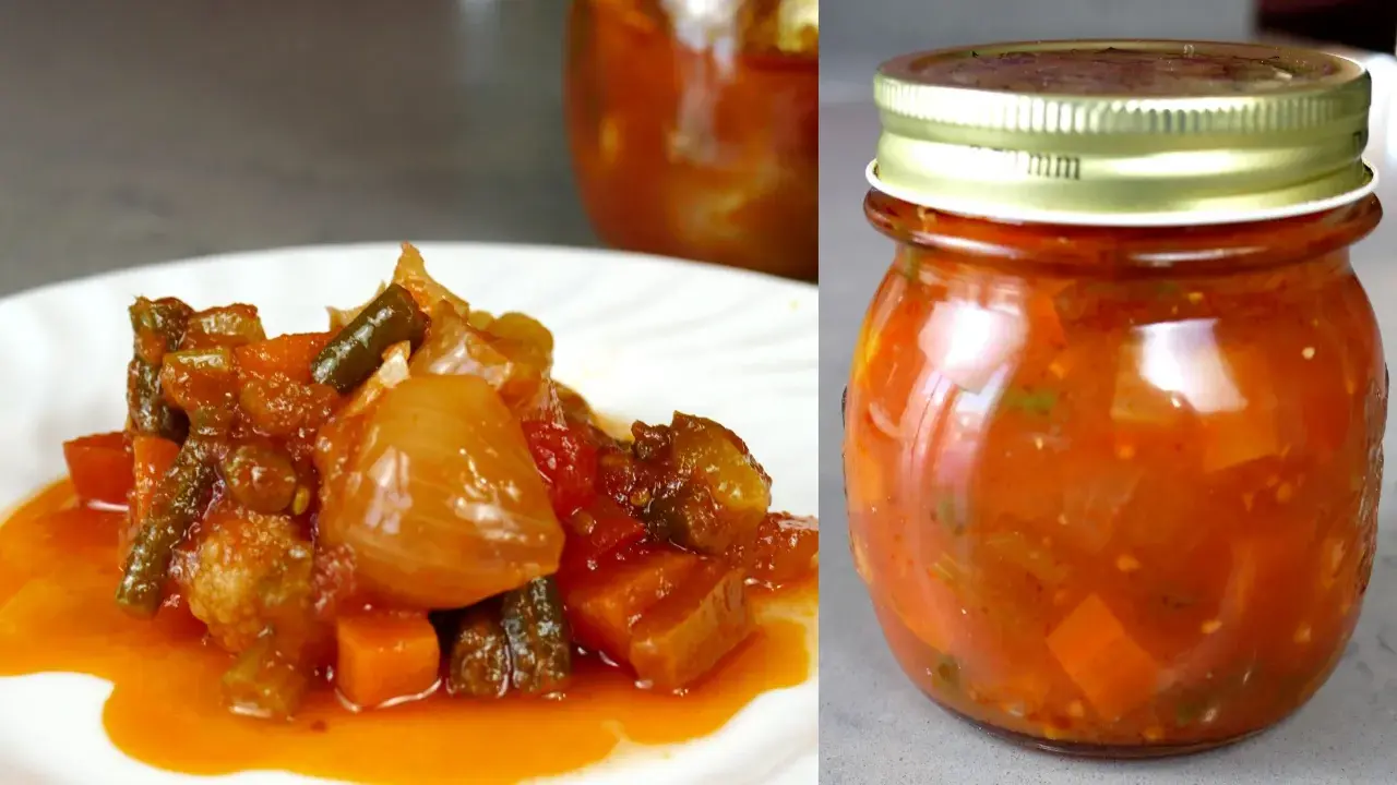 La vera giardiniera, un mix di verdure sott'aceto in un barattolo e servita su un piatto bianco.