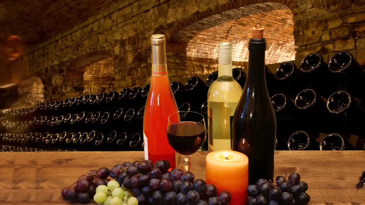 Uva e bottiglie di vino in una cantina storica, con un bicchiere di rosso e una candela. I vitigni Franciacorta sono pronti per essere degustati.