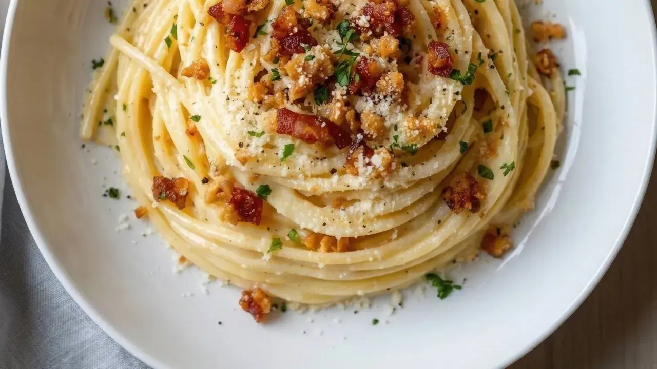 Spaghetti cremosi con guanciale croccante e parmigiano, una deliziosa carbonara vegetariana.