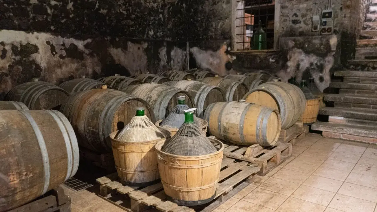 Cantina con botti di legno e damigiane, in attesa dell'affinamento del vino.