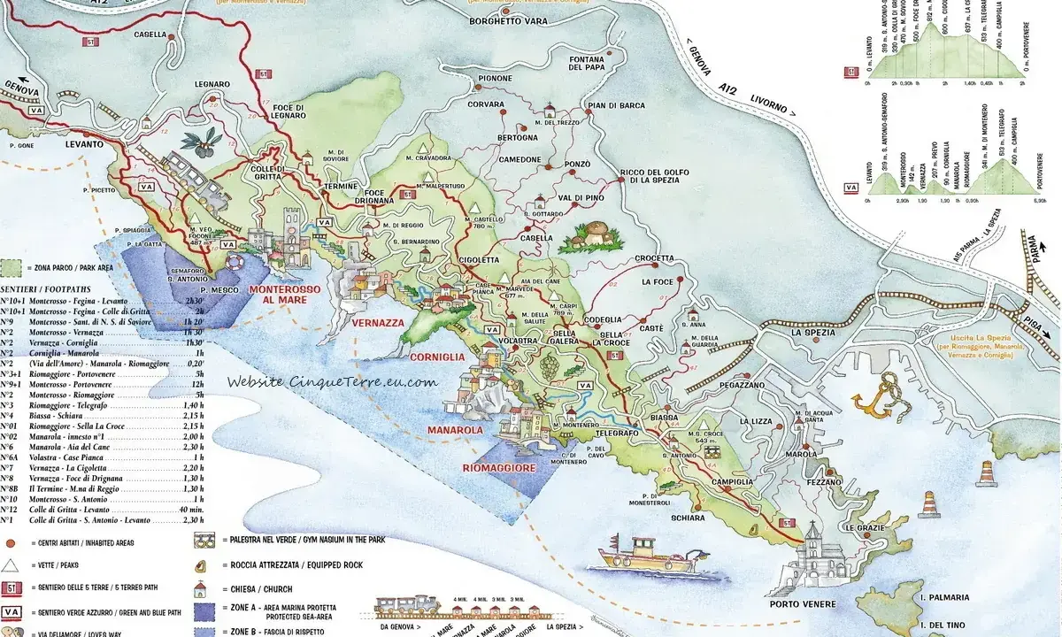 Cartina sentieri e borghi del Levante Ligure, con percorsi, dislivelli e tempi di percorrenza.
