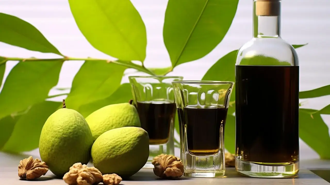 Nocino ricetta: noci verdi, liquore scuro in bicchierini e bottiglia, foglie verdi sullo sfondo.