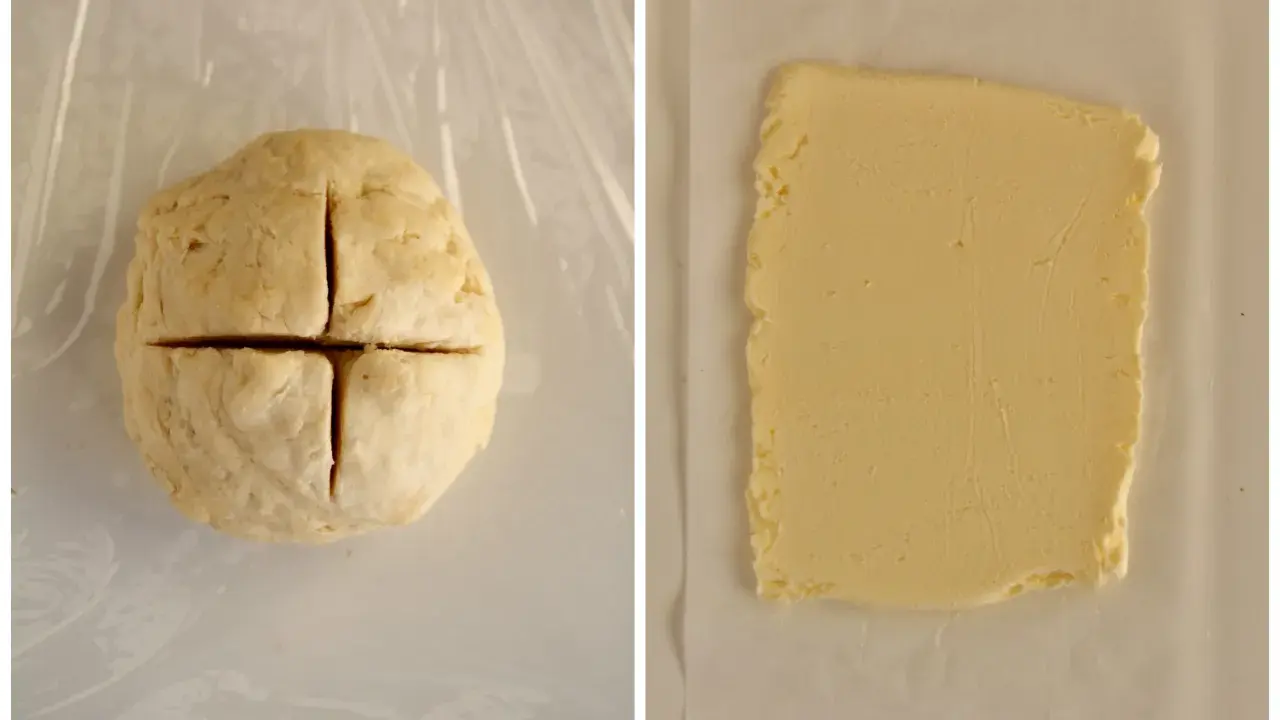 Impasto per ricetta pasta sfoglia diviso in quattro e un blocco di burro.