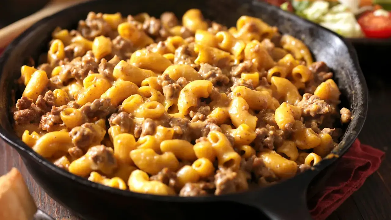 Una padella di pasta panna e salsiccia, cremosa e saporita, pronta per essere gustata.