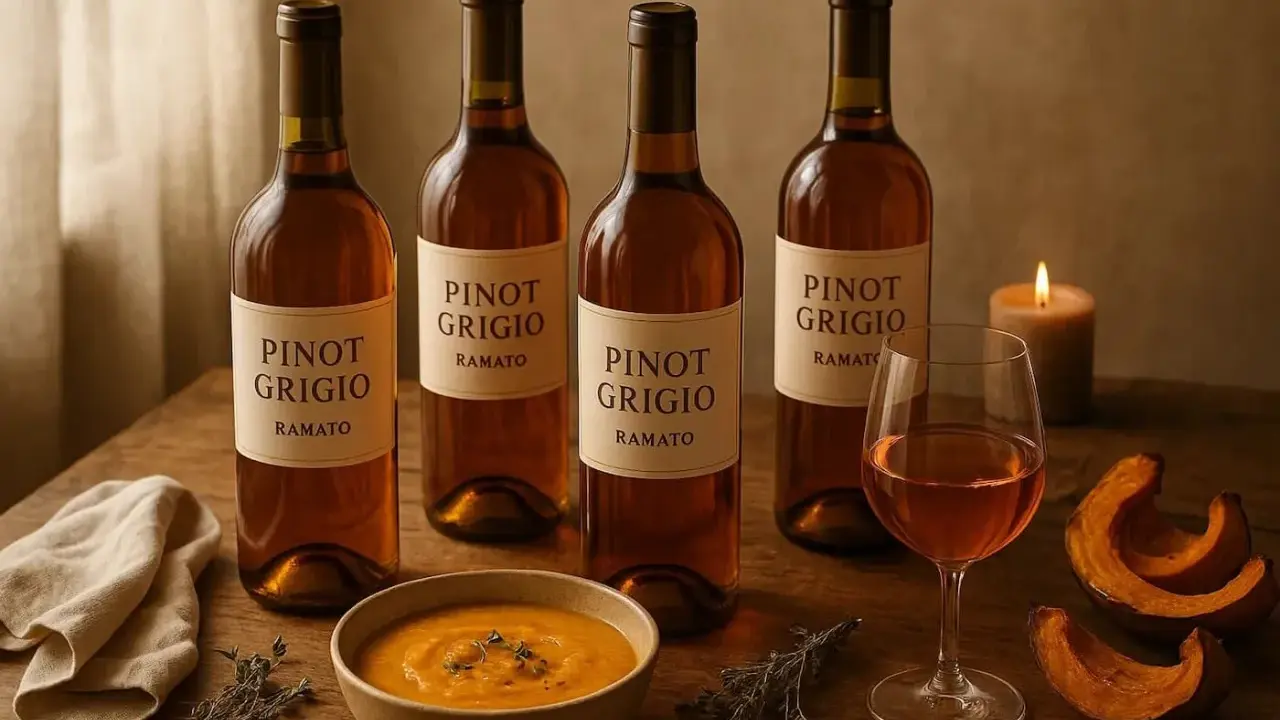 Quattro bottiglie di Pinot Grigio Ramato, una ciotola di zuppa di zucca e spicchi di zucca arrosto, perfetti per i tuoi pinot grigio abbinamenti autunnali.