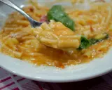 Un cucchiaio di pasta e patate alla napoletana, un piatto cremoso e saporito, con basilico fresco e parmigiano.