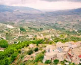 Panoramica di Contessa Entellina, un borgo siciliano tra colline verdi e campi coltivati, con case dai tetti in cotto e una strada tortuosa.