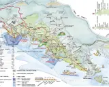 Cartina sentieri e borghi del Levante Ligure, con percorsi, dislivelli e tempi di percorrenza.