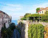 Edifici affacciati sul mare blu, con un viale alberato che scende verso la costa. La **penisola sorrentina** offre scorci mozzafiato tra ville storiche e vegetazione rigogliosa.