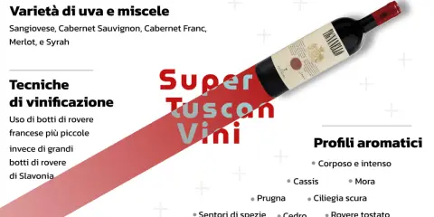 Il **supertuscan significato** è spiegato con varietà d'uva, tecniche di vinificazione e profili aromatici. Una bottiglia di vino rosso domina la scena.