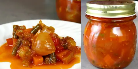 La vera giardiniera, un mix di verdure sott'aceto in un barattolo e servita su un piatto bianco.