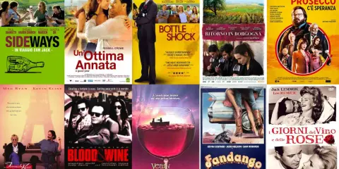 Locandine di film sul vino: Sideways, Un'ottima annata, Bottle Shock, Ritorno in Borgogna, Finché c'è prosecco c'è speranza, French Kiss, Blood & Wine, Year of the Comet, Fandango, I giorni del vino e delle rose.