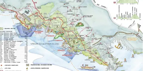 Cartina sentieri e borghi del Levante Ligure, con percorsi, dislivelli e tempi di percorrenza.