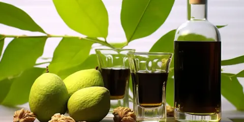 Nocino ricetta: noci verdi, liquore scuro in bicchierini e bottiglia, foglie verdi sullo sfondo.