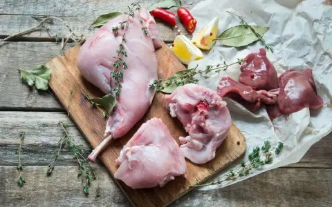 Coniglio crudo a pezzi su tagliere di legno, con erbe aromatiche, limone e peperoncino. Perfetto per un vino da abbinare al coniglio.