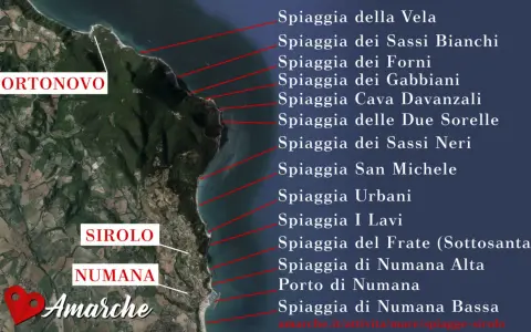 Mappa satellitare che mostra dove si trova il Conero, con le spiagge di Portonovo, Sirolo e Numana.