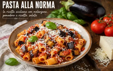 Piatto di pasta con sugo alla norma, ricco di melanzane fritte, pomodoro e ricotta salata grattugiata, guarnito con basilico fresco.
