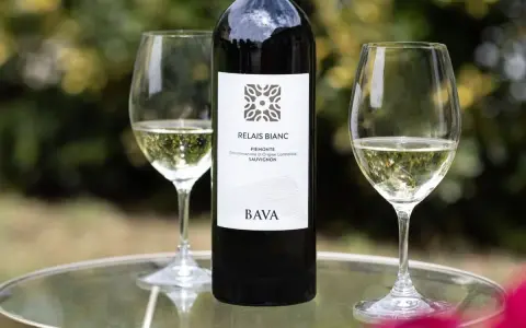 BOTTIGLIA E DUE CALICI DI VINO BIANCO, un Sauvignon Blanc del Piemonte, su un tavolino di vetro all'aperto.