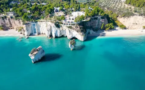 Scogliere bianche a picco sul mare turchese, con rocce isolate e vegetazione lussureggiante. Sembra la spiaggia più bella della Puglia.