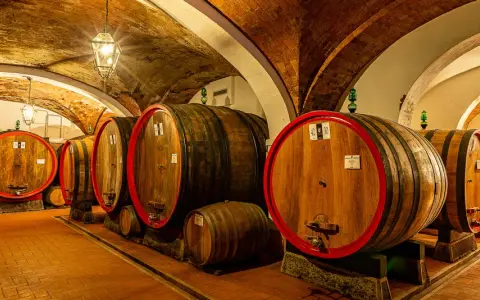 Cantine storiche con botti di legno, perfette per una visita a Montepulciano.