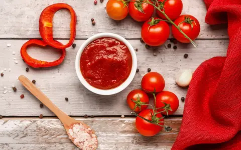 Un ciotola di ketchup fatto in casa, pomodori freschi, peperone rosso, aglio e sale rosa su un tavolo di legno.