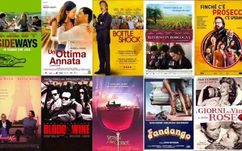 Locandine di film sul vino: Sideways, Un'ottima annata, Bottle Shock, Ritorno in Borgogna, Finché c'è prosecco c'è speranza, French Kiss, Blood & Wine, Year of the Comet, Fandango, I giorni del vino e delle rose.