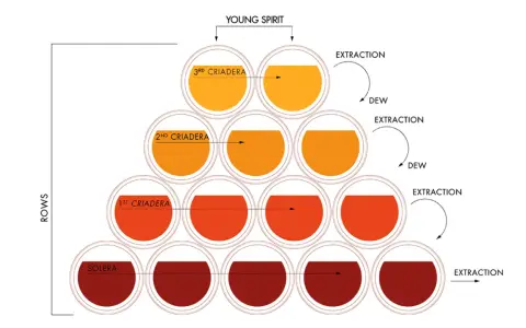 Schema del metodo solera: botti impilate per criadera, con estrazione e reintegro per mantenere la qualità.