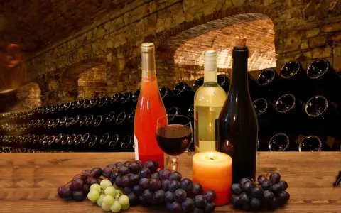 Uva e bottiglie di vino in una cantina storica, con un bicchiere di rosso e una candela. I vitigni Franciacorta sono pronti per essere degustati.