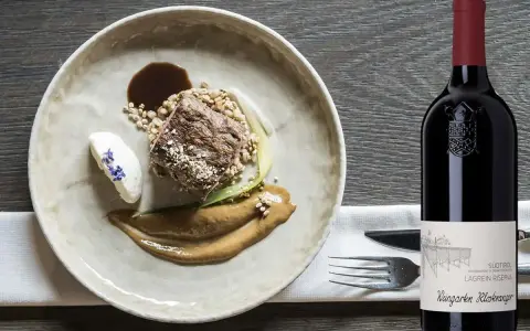 Piatto gourmet con carne, cereali e salsa, accanto a una bottiglia di Lagrein Riserva. Perfetti lagrein abbinamenti per un'esperienza culinaria raffinata.