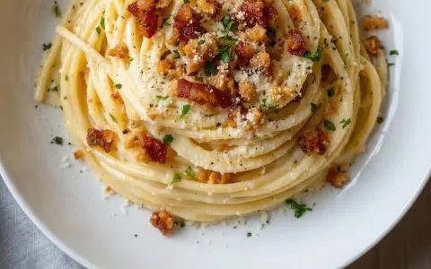 Spaghetti cremosi con guanciale croccante e parmigiano, una deliziosa carbonara vegetariana.