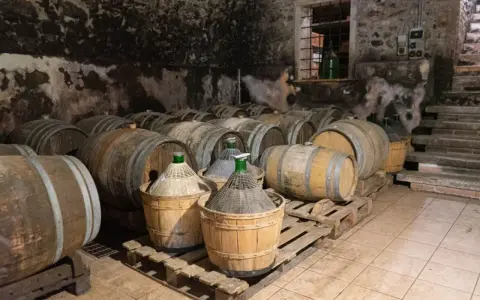 Cantina con botti di legno e damigiane, in attesa dell'affinamento del vino.
