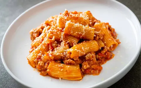 Un piatto di pasta alla zozzona, con rigatoni conditi con un ricco sugo di carne e pomodoro, spolverati di parmigiano.