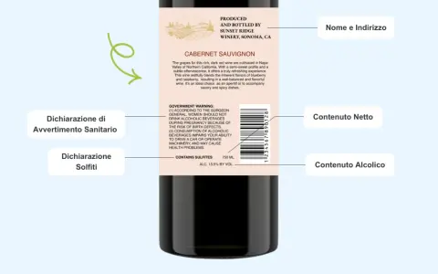 Etichetta di vino Cabernet Sauvignon, con dettagli su nome, indirizzo, contenuto netto, alcolico e avvertenze sanitarie. Il cru significato è implicito nella provenienza delle uve.