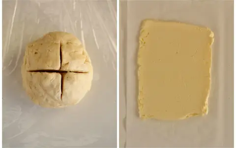 Impasto per ricetta pasta sfoglia diviso in quattro e un blocco di burro.