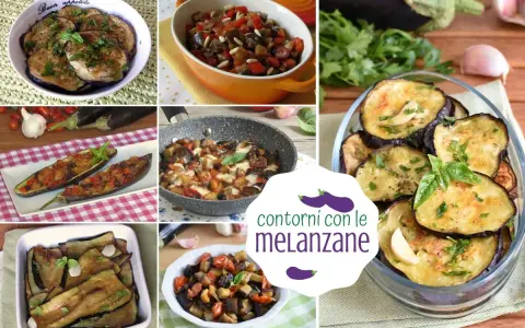 Collage di diverse ricette con melanzane: fritte, ripiene, in padella e al forno. Perfette per contorni gustosi.