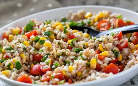 Insalata di farro colorata con pomodorini, mais e prezzemolo. Perfetta per farro ricette veloci e gustose.