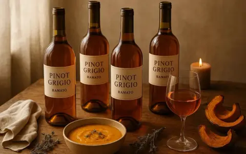 Quattro bottiglie di Pinot Grigio Ramato, una ciotola di zuppa di zucca e spicchi di zucca arrosto, perfetti per i tuoi pinot grigio abbinamenti autunnali.