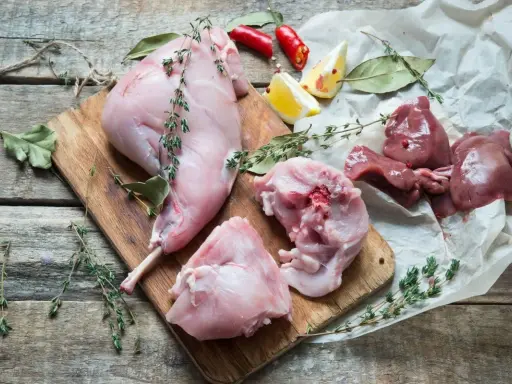 Coniglio crudo a pezzi su tagliere di legno, con erbe aromatiche, limone e peperoncino. Perfetto per un vino da abbinare al coniglio.