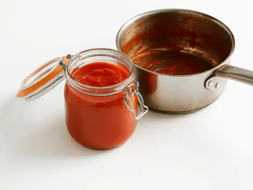 Barattolo di vetro pieno di conserva di pomodoro, accanto a una pentola con residui rossi.