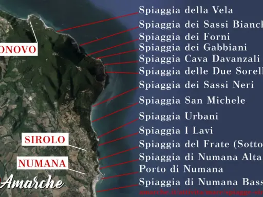 Mappa satellitare che mostra dove si trova il Conero, con le spiagge di Portonovo, Sirolo e Numana.