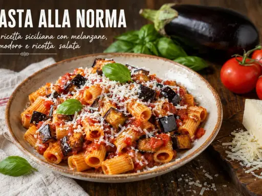 Piatto di pasta con sugo alla norma, ricco di melanzane fritte, pomodoro e ricotta salata grattugiata, guarnito con basilico fresco.