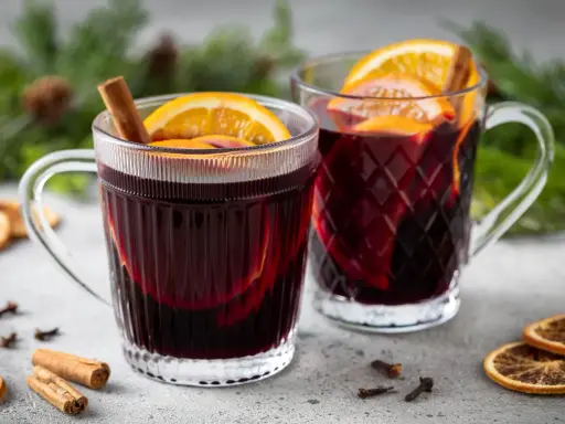 Due tazze fumanti di vin brulé, decorate con arancia e cannella, su un tavolo con spezie e rami di pino.