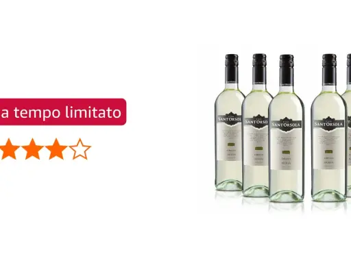 Cinque bottiglie di vino bianco Grillo di Sicilia, con etichetta "Casa Santorsola". Offerta a tempo limitato, valutazione 4 stelle.
