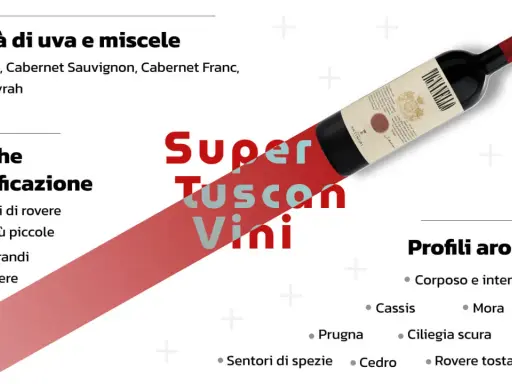Il **supertuscan significato** è spiegato con varietà d'uva, tecniche di vinificazione e profili aromatici. Una bottiglia di vino rosso domina la scena.